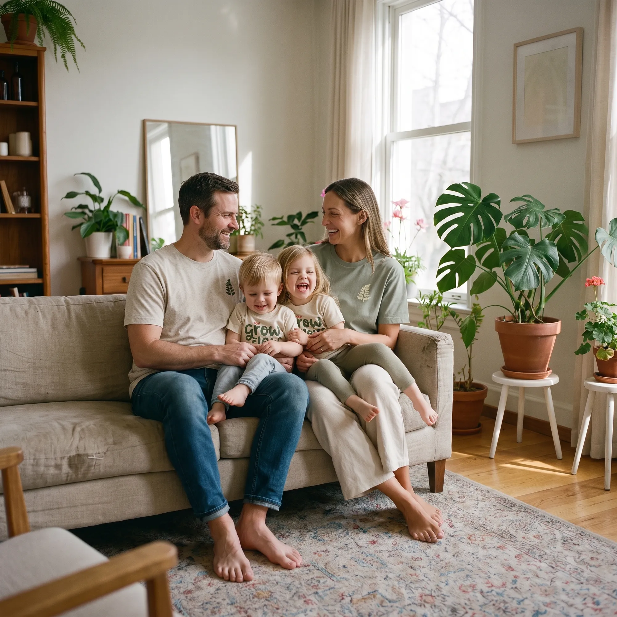 The whole family piled on a linen couch in matching Mama Fern fern print shirts, kids laughing