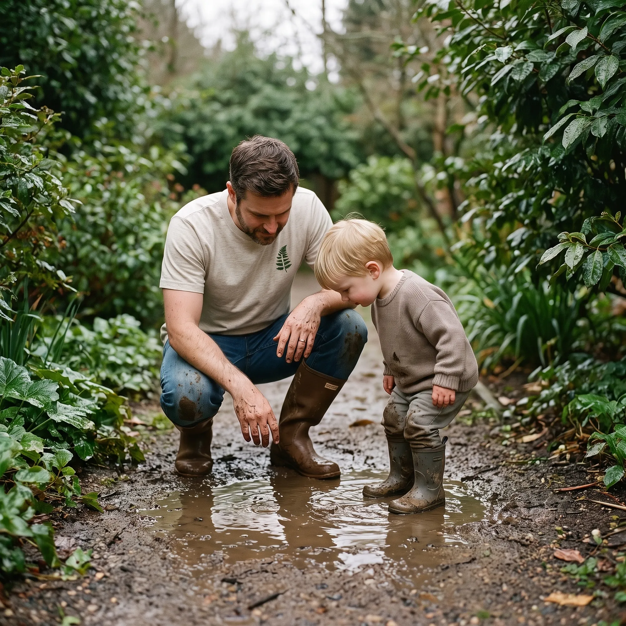 Dad and son in muddy rubber boots crouched over a puddle on a garden path, dad in a Mama Fern crewneck