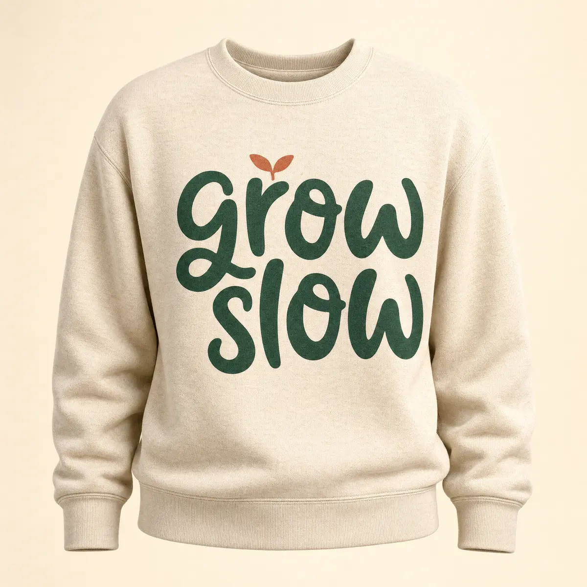 Grow Slow kids sweatshirt in oatmeal with green lettering
